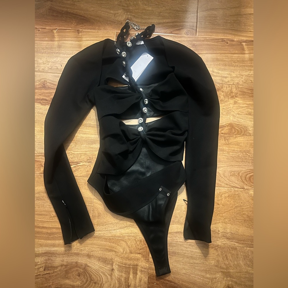 AREA Black Bodysuit with Crystal Embellishments